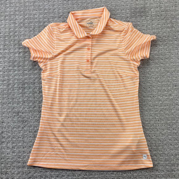 Puma Golf Shirt Women Small S Orange White Striped Casual Polo Buttons Ladies - Picture 1 of 10